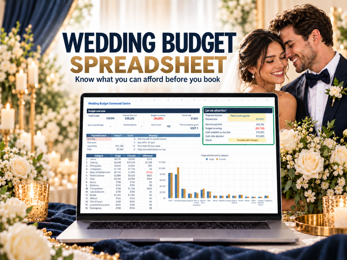 Newly married couple beside a laptop showing the wedding budget command centre