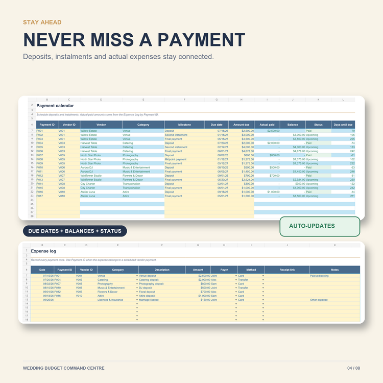 Wedding payment calendar and expense log